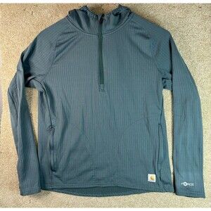 Carhartt Women's Green Force 1/4 Zip Ribbed Hooded Pullover Relaxed Fit Solid M